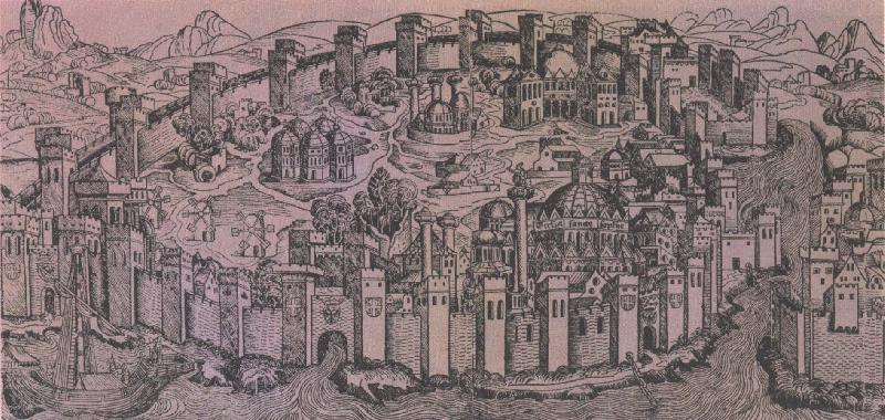 unknow artist den har kartan fran 1493 forestaller konstantinopel med hagia sofia kristenhetens mest beromda kyka till hoger. France oil painting art